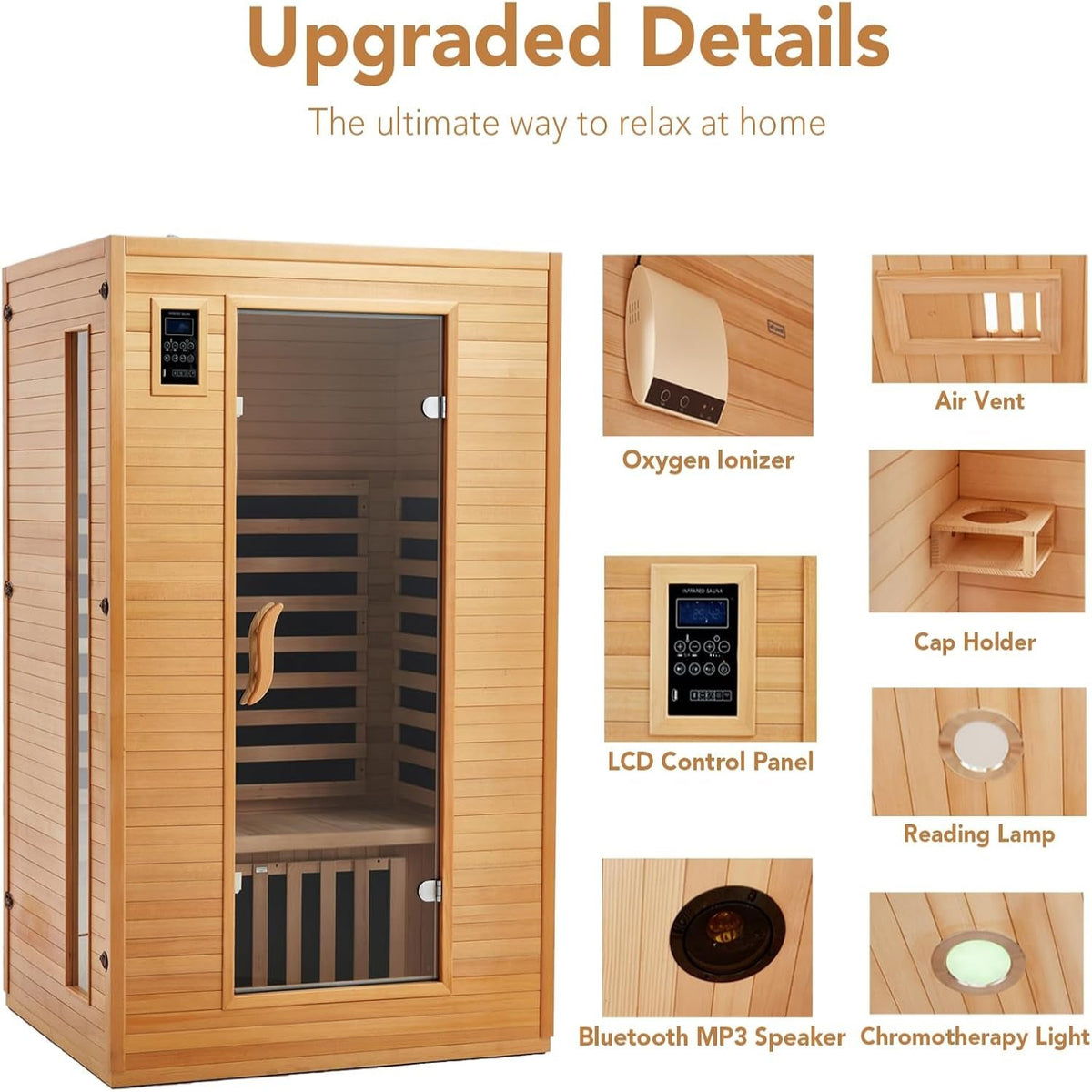 2024 Upgrade 2 Person Sauna, Low EMF 6 Heating Plate Infrared Physical Therapy Wooden Dry Steam Sauna with MP3 Auxiliary Connection, Dual Controls, Iron Shirt Wall Plate, Home Spa Day Use, Gift — product view 3
