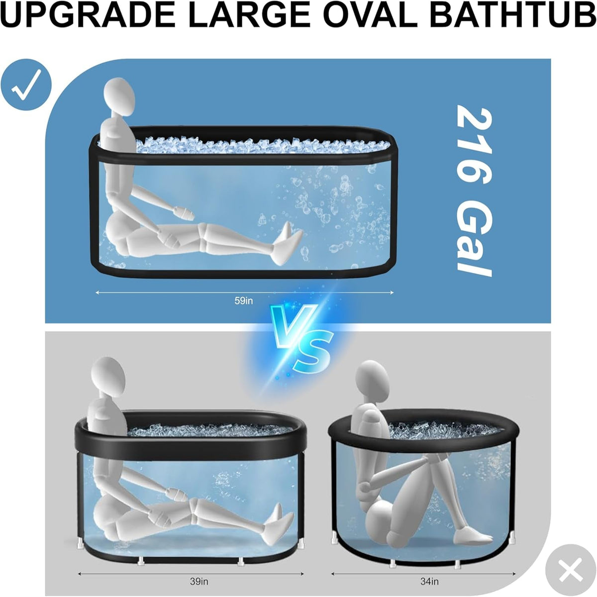 XXL Drop Stitch Ice Bath Tub for Recovery 216 Gal, Compatible with Water Chillers, Cold Plunge Tub with Insulated Lid, Multi-Layer Portable Bathtub for Cold Water Therapy(59In*32.2In*27In) — product view 3